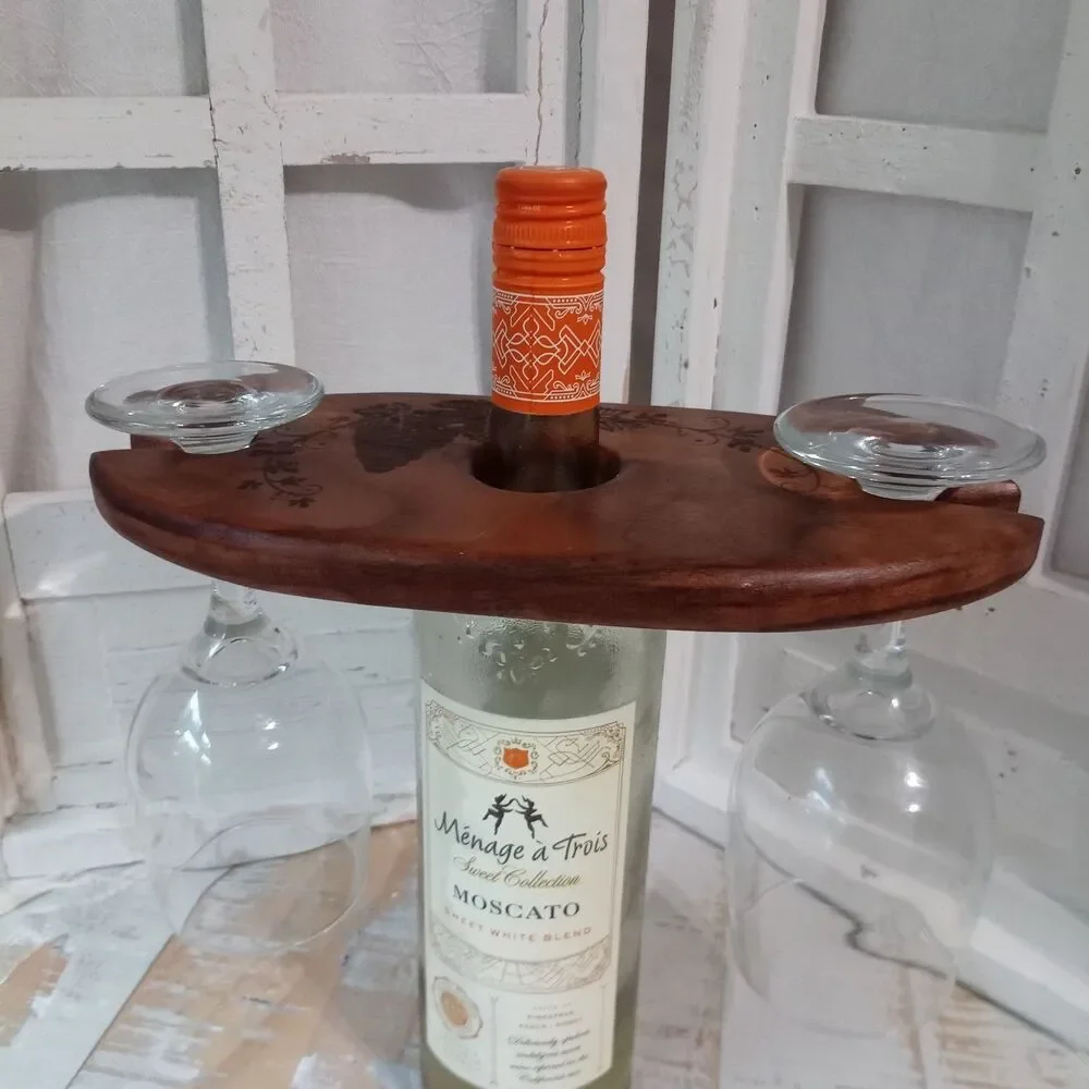 Monkey Pod Wood Wine Butler Caddy Glass Holder Laser Engraved Grapes Gift 10
